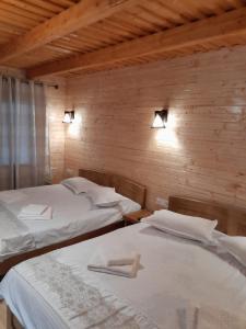 two beds in a room with wooden walls and lights at Pensiunea Malinul in Bîrsana
