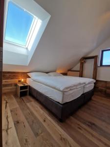 um quarto com uma cama e uma clarabóia em Appartements Marktplatzerl em Mauterndorf