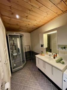 a bathroom with a shower and two sinks and a mirror at Gausta Lodge med 6 sengeplasser i nærhet til Gaustatoppen in Gaustablikk