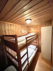 GaustablikkにあるGausta Lodge med 6 sengeplasser i nærhet til Gaustatoppenのキャビン内の二段ベッド2台が備わる客室です。