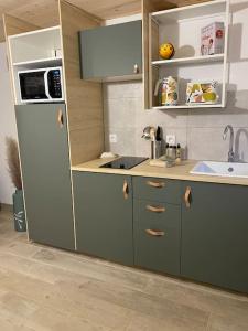 eine Küche mit Kühlschrank und Spüle in der Unterkunft Appartement cosy au sein d’un hameau verdoyant 