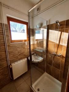 La petite salle de bains est pourvue d'un lavabo et d'une douche. dans l'établissement Apartman Vitorlás Vendégház, à Balatonfüred