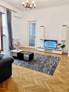 sala de estar con sofá y TV en Cozy apartment near city center, en Bucarest