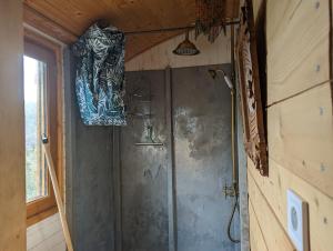 a shower in a bathroom with a wall at roulotte à la mauvaise herbe in Barjols
