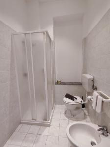 La salle de bains est pourvue d'une douche, de toilettes et d'un lavabo. dans l'établissement Hotel Faraglione, à Vulcano