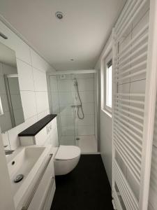 a white bathroom with a toilet and a shower at TOP Spa 2+2 in Voorthuizen