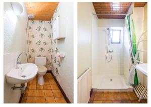 two pictures of a bathroom with a sink and a toilet at Au calme à 5min d'Annecy et du lac in Seynod