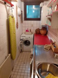 una pequeña cocina con fregadero y lavadora en Ruhiges Ferienhaus im Garten, en Bad Salzuflen