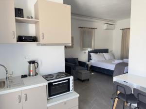 a room with a kitchen and a bedroom with a bed at COSMOS Studios Iraklia in Áyios Yeóryios