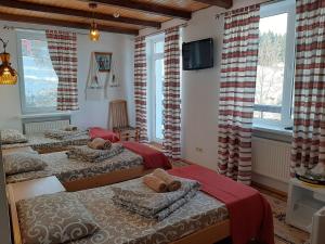 Habitación con 2 camas, TV y ventanas. en Guest House U Sester, en Skhidnytsya