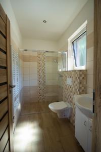 a bathroom with a shower and a toilet and a sink at kemp Pohoda in Roudná