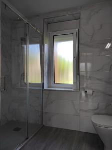 a bathroom with a shower and a toilet and a window at Casa Loli-Villar in Luarca