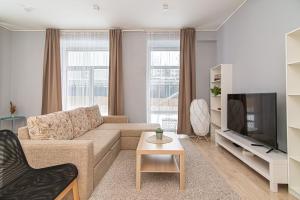 a living room with a couch and a tv at Spacious Apartment with Great Location/URBAN RENT in Vilnius