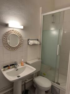 een badkamer met een wastafel, een toilet en een spiegel bij Charmant appartement de 38m² -Quartier Latin in Parijs