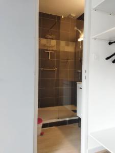 a shower with a glass door in a bathroom at Évasion Hébergement in Allevard