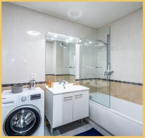 y baño con lavadora y ducha. en Appartement T2 Moderne St Julien, en Saint-Julien-en-Genevois