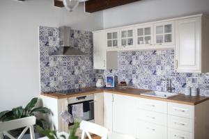 uma cozinha com azulejos azuis e brancos na parede em Vinařský dům Mařatice em Uherské Hradiště