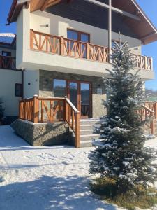 uma árvore de Natal coberta de neve em frente a uma casa em Pensiunea Magic em Baile Govora