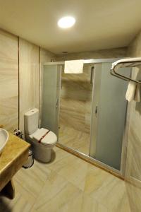 een badkamer met een toilet en een glazen douchedeur bij La Boutique Atlantik Hotel in Tekirdag