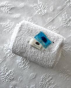 a white towel with a blue item on a bed at Residencial Moderna in Torres Vedras