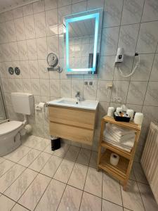 een badkamer met een wastafel, een toilet en een spiegel bij Hotel Harbauer in Schwarzenbruck