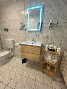 ein Badezimmer mit einem Waschbecken, einem WC und einem Spiegel in der Unterkunft Hotel Harbauer in Schwarzenbruck