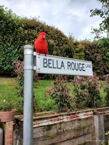 a red bird sitting on top of a sign at Bella Rouge Cottage in Bright