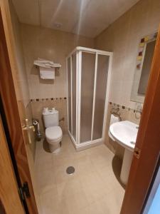 a bathroom with a shower and a toilet and a sink at Hostal Talavera in Talavera la Real