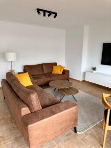 sala de estar con sofá marrón y mesa en Cosy apartment in Ghent en Gante
