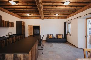 薩倫蒂諾的住宿－Alpin Chalet Samer Apt Bauernstube，厨房以及带酒吧和沙发的客厅。