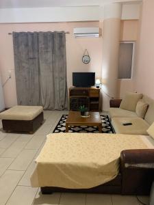 ein Wohnzimmer mit einem Sofa und einem TV in der Unterkunft warm home in Koropi