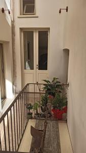 una escalera con macetas delante de una puerta en Palazzo Ferilli Alfonso, en Ruffano