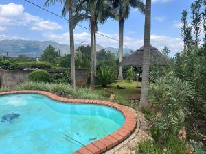 a swimming pool in a yard with palm trees at The White Rose Home in Lobamba