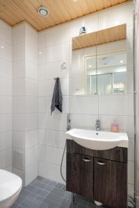 a bathroom with a sink and a toilet at Kokonainen huoneisto 73m2 keskeisellä sijainnilla, ilmainen parkkipaikka in Lahti