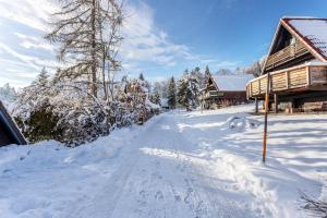 une route recouverte de neige à côté d'une cabine dans l'établissement Ferienhaus Moritz, à Siegsdorf