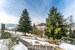 a snow covered slope with trees and a goal at Juri5 in Baiersbronn mit Pool in Baiersbronn