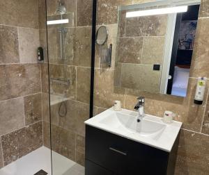 Vannituba majutusasutuses Logis Hôtel Au Vieux Morvan "récemment rénové", au cœur de la Bourgogne, Piscine & Spa