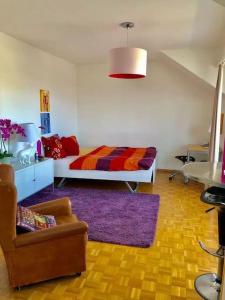 um quarto com uma cama, um sofá e uma cadeira em Ganze Wohnung mit Balkon,schöne Aussicht,Küche,Bad,Wifi em Basileia