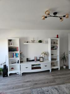 sala de estar con estanterías blancas y suelo en Pensiunea Alina, en Tărlungeni