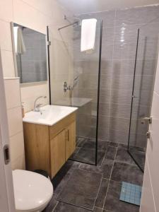 een badkamer met een toilet, een wastafel en een douche bij Amazing Garden apartment in Tel Aviv