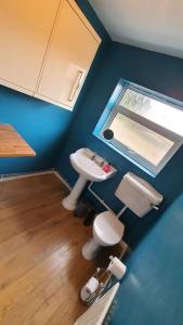a bathroom with a sink and a toilet and a window at Contractors-City Centre-Parking-Sleeps 9 -Smart TV, 2 Toilets! in Coventry