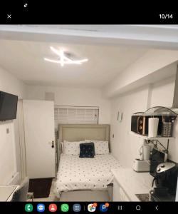 a bedroom with a bed and a ceiling fan at Studio Flat, close to o2 Arena and City Airport in Woolwich