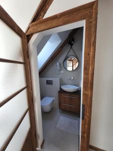 an attic bathroom with a sink and a toilet at Apartmán v Podkroví in Kremnica