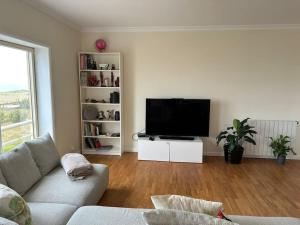 uma sala de estar com um sofá e uma televisão de ecrã plano em Apartamento vista mar em Labruge