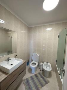 uma casa de banho com um lavatório, um WC e um espelho. em Apartamento vista mar em Labruge