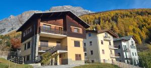 ein Gebäude inmitten eines Berges in der Unterkunft Appartamento con splendida vista su pista Stelvio in Bormio