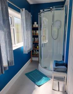 a blue bathroom with a shower and a stool at The Flat at Conway House in Overstrand