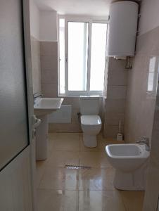 a bathroom with a toilet and sink and a window at RINA'S Apartment in Berat