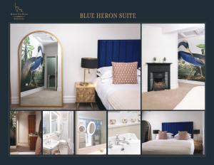 a collage of pictures of a bedroom with a blue heron suite at Market Slip House in Kilkenny