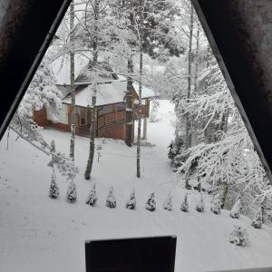 a view from a window of a house in the snow at VILA MAGDA in Divčibare